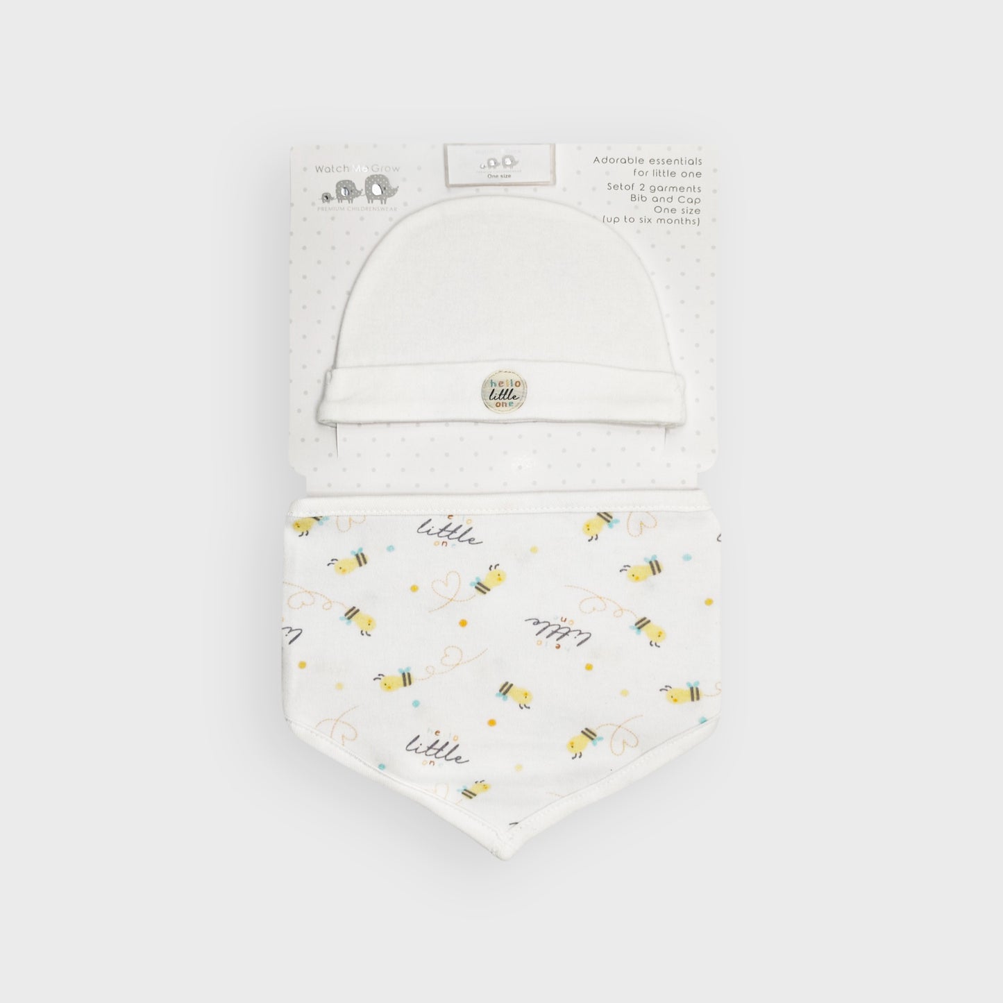 "Hello Little One" White Bee Hat & Bib Set