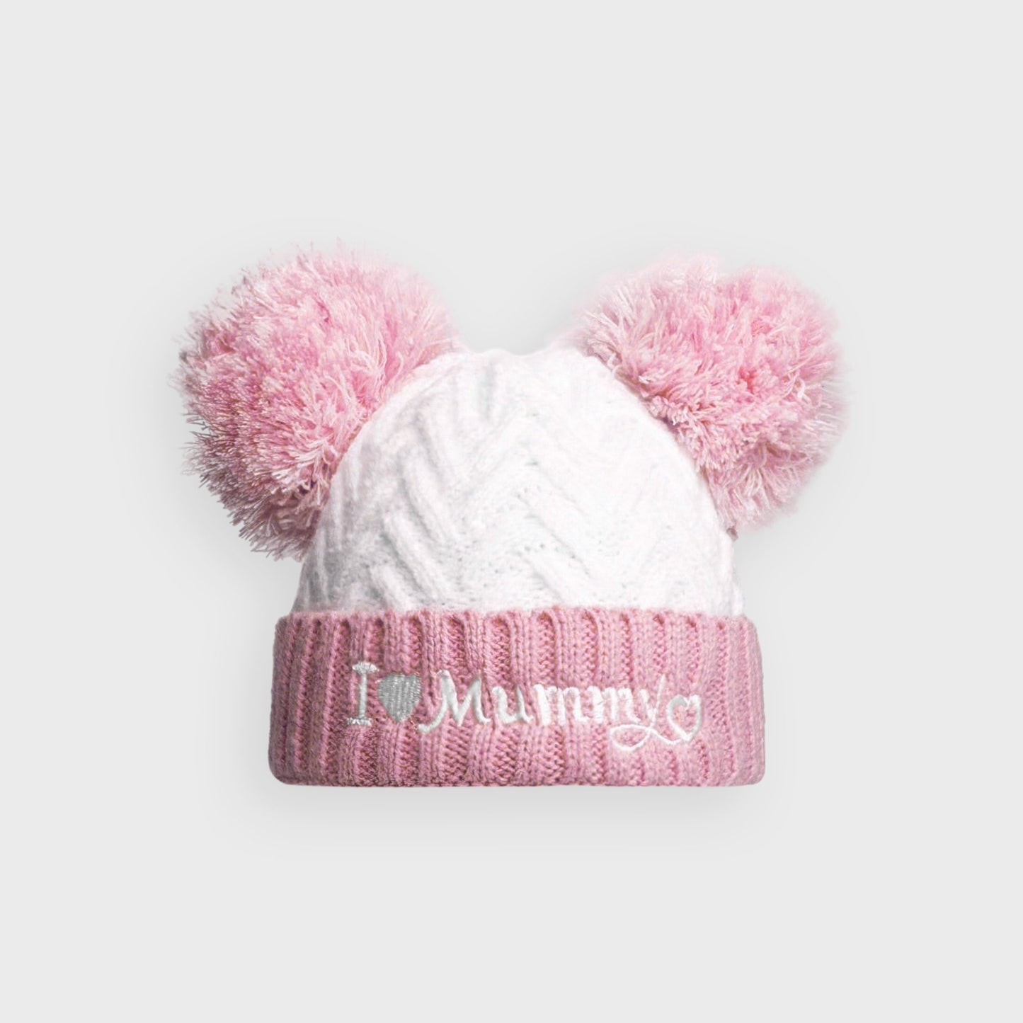 "I Love Mummy" Pink Chevron Double Pom Hat