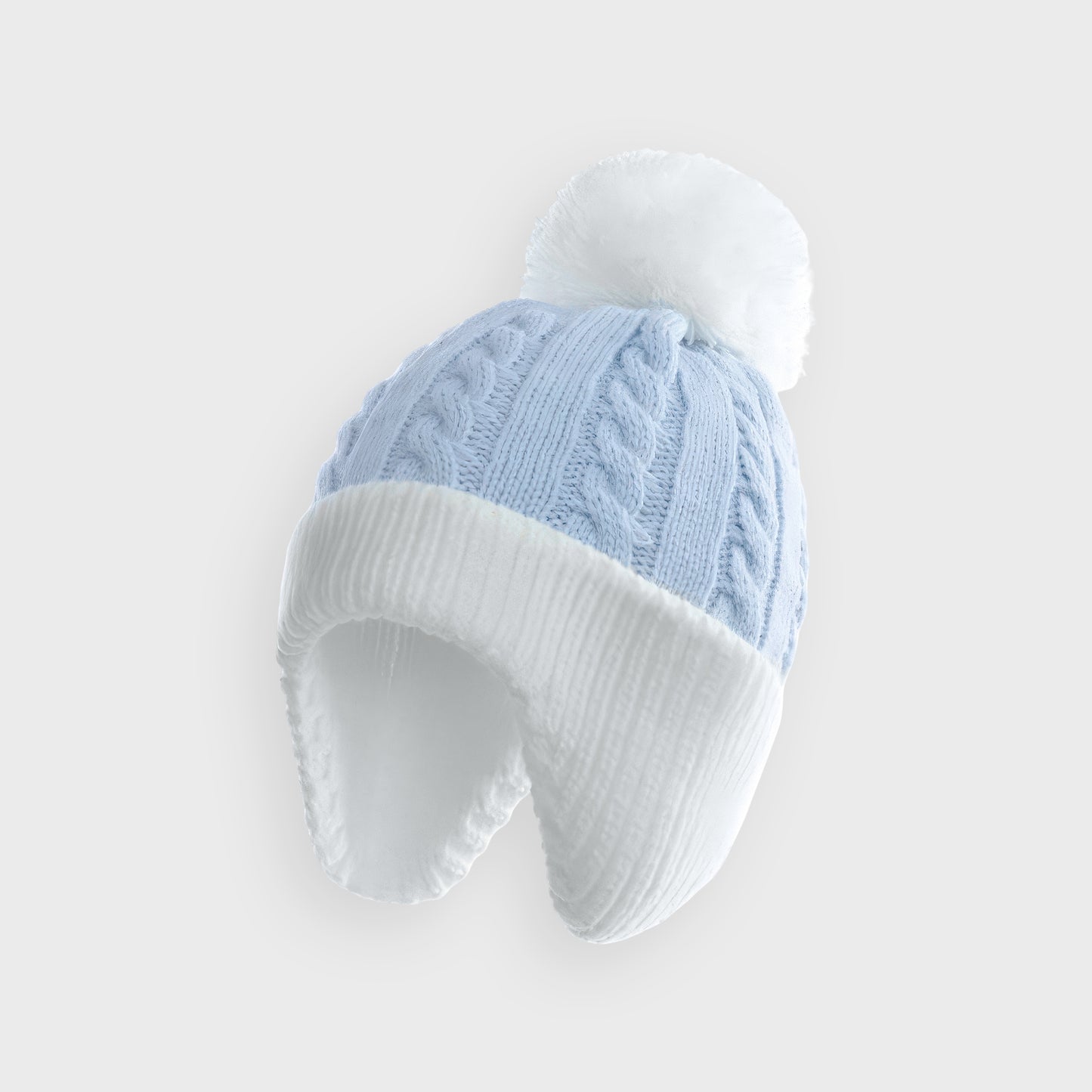 Blue Cable Knit Flappy Pom Hat