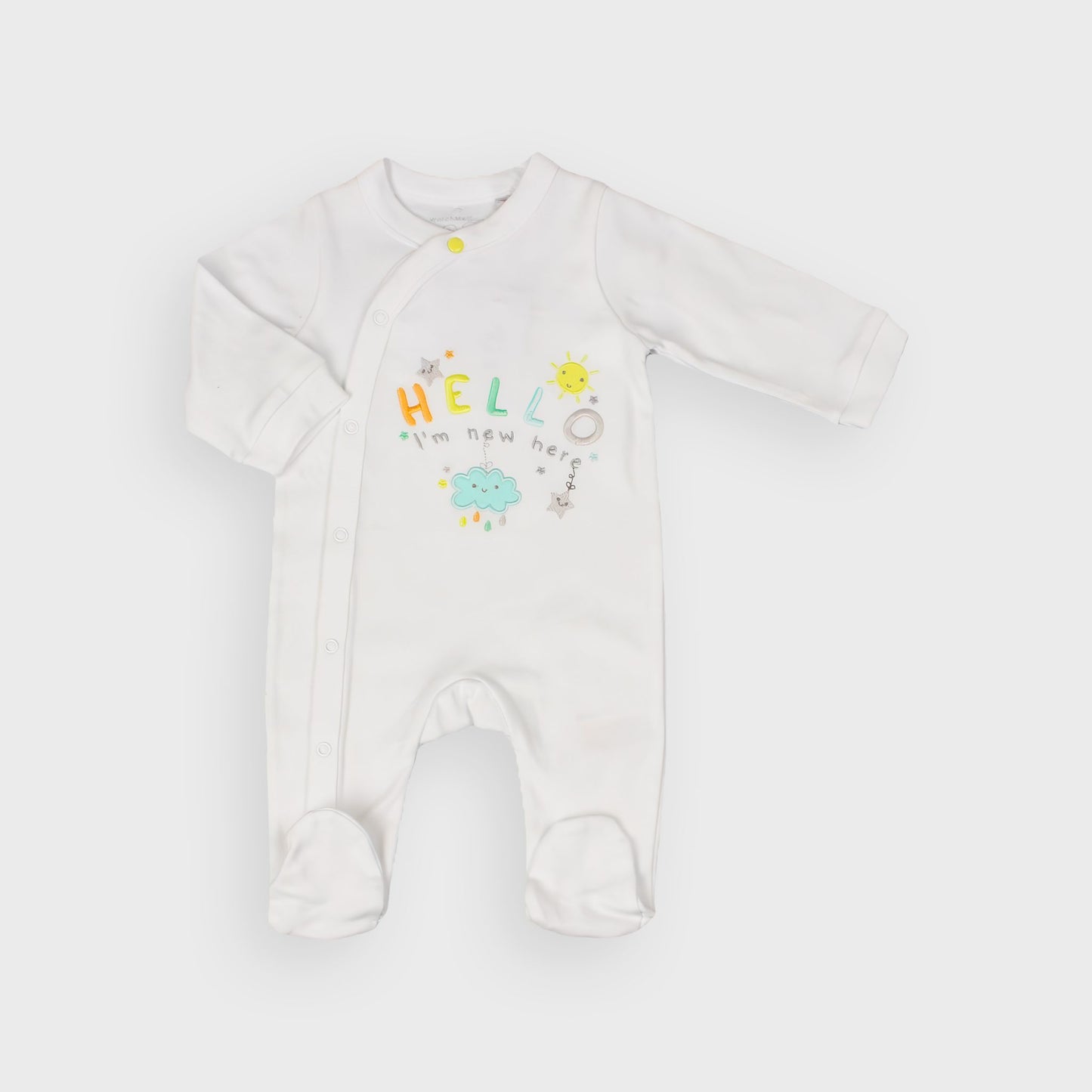 White Unisex "Hello I'm New Here" Cotton Sleepsuit