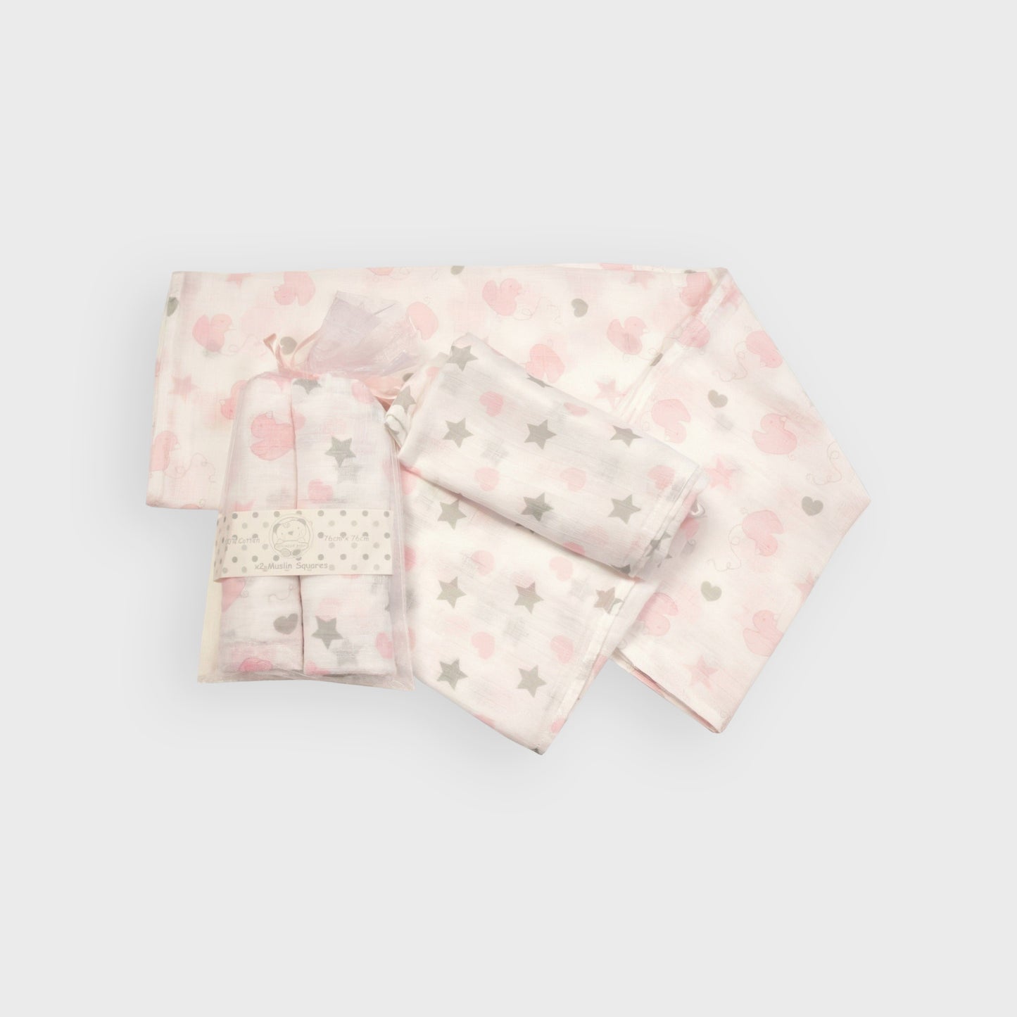 2-Pack Muslin Blankets - Pink Hearts, Ducks & Stars