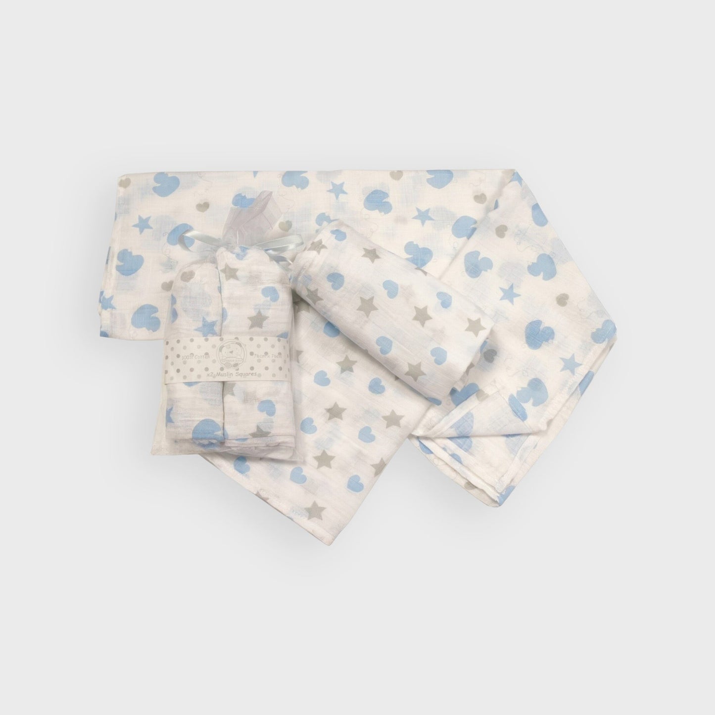 2-Pack Muslin Blankets - Blue Hearts, Ducks & Stars