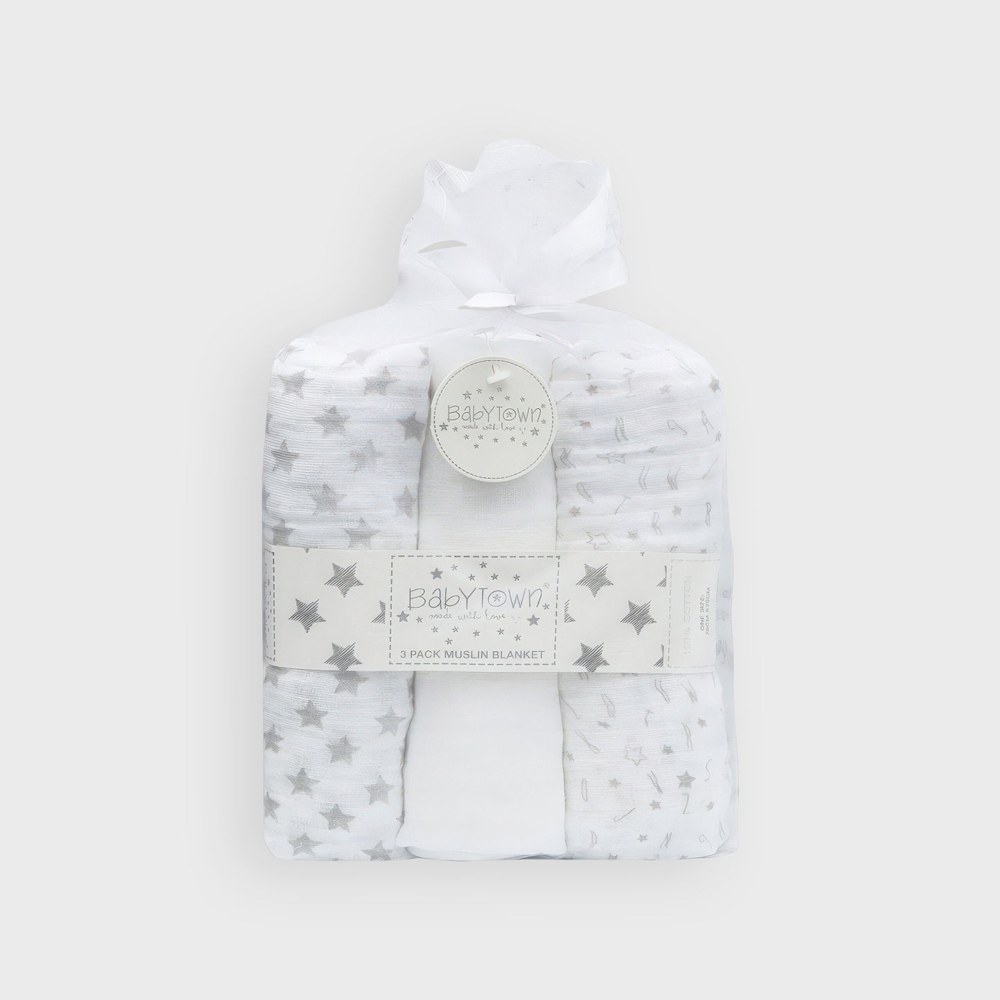 3-Pack Muslin Baby Blankets - Silver Star & Alphabet Design