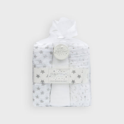 3-Pack Muslin Baby Blankets - Silver Star & Alphabet Design