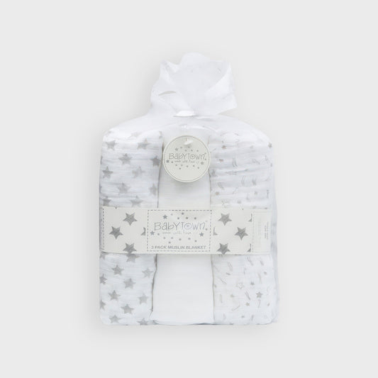 3-Pack Muslin Baby Blankets - Silver Star & Alphabet Design
