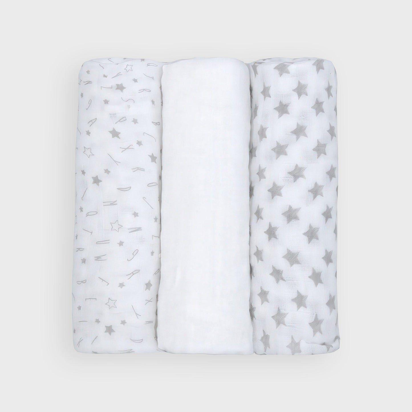 3-Pack Muslin Baby Blankets - Silver Star & Alphabet Design
