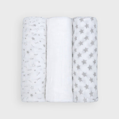 3-Pack Muslin Baby Blankets - Silver Star & Alphabet Design