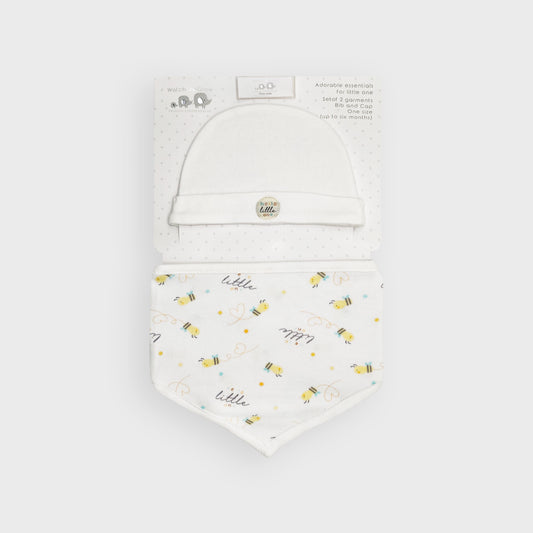 "Hello Little One" White Bee Hat & Bib Set