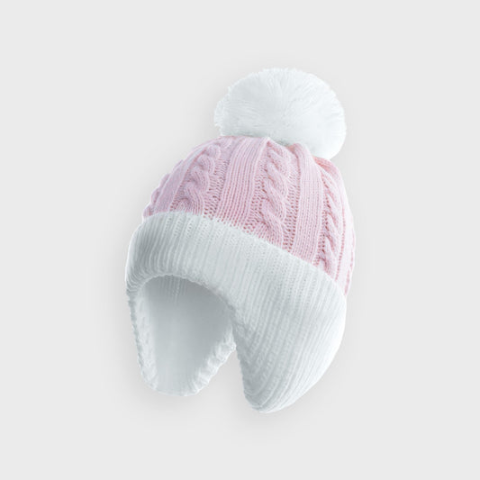 Pink Cable Knit Flappy Pom Hat