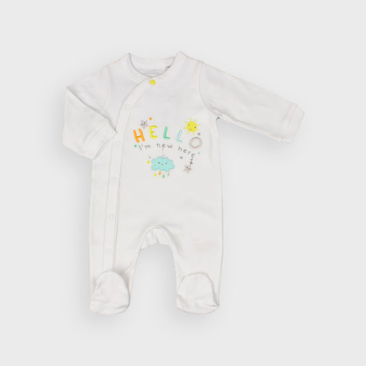 White Unisex "Hello I'm New Here" Cotton Sleepsuit