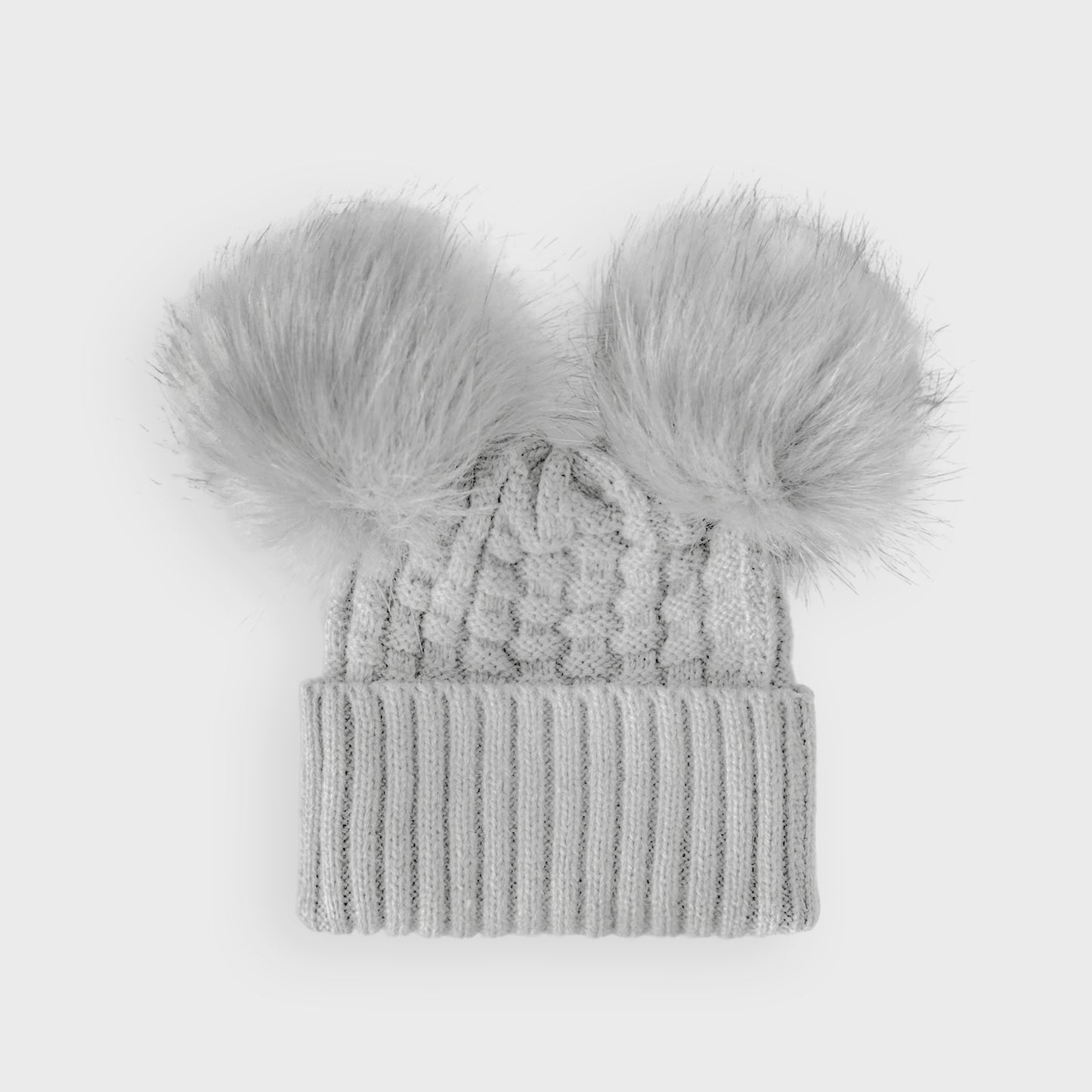 Grey Checked Double Pom Hat
