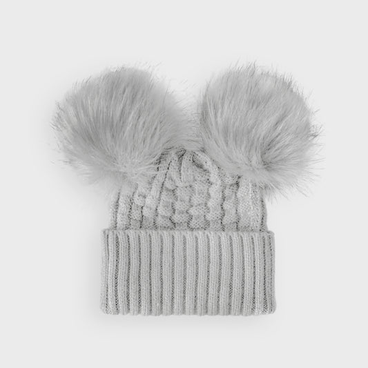 Grey Checked Double Pom Hat