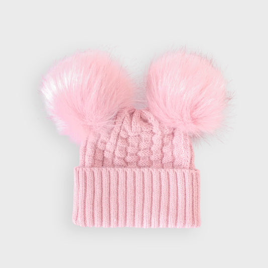Pink Checked Double Pom Hat