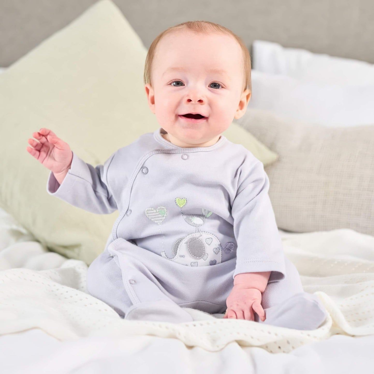 Grey Elephant & Bird Cotton Sleepsuit