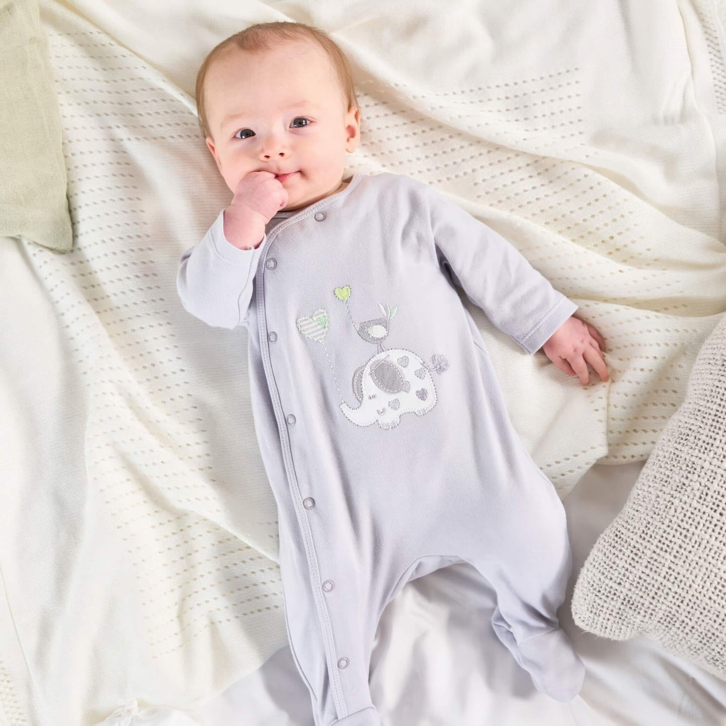 Grey Elephant & Bird Cotton Sleepsuit