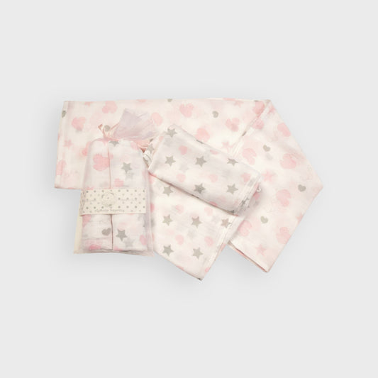 2-Pack Muslin Blankets - Pink Hearts, Ducks & Stars